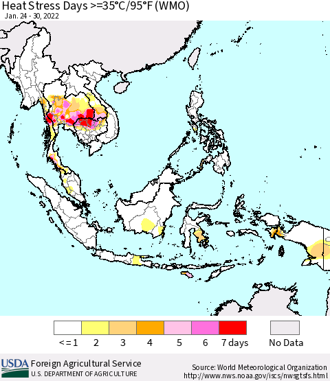 South East Asia Heat Stress Days >=35°C/95°F (WMO) Thematic Map For 1/24/2022 - 1/30/2022