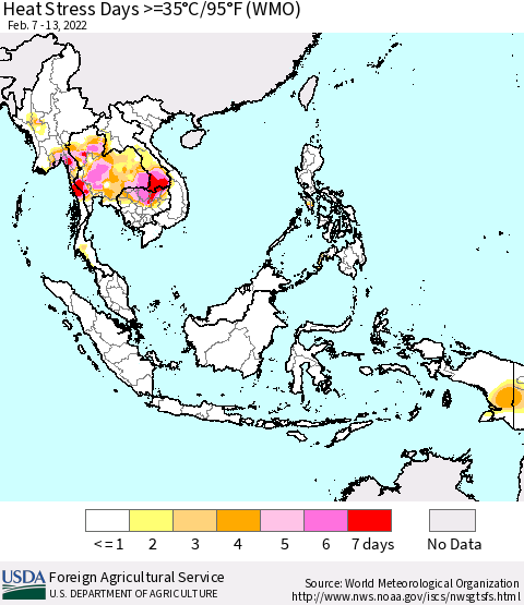 South East Asia Heat Stress Days >=35°C/95°F (WMO) Thematic Map For 2/7/2022 - 2/13/2022