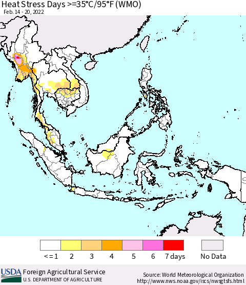 South East Asia Heat Stress Days >=35°C/95°F (WMO) Thematic Map For 2/14/2022 - 2/20/2022