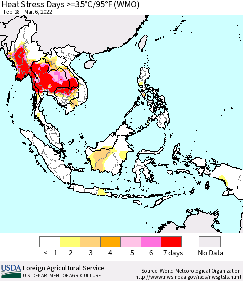 South East Asia Heat Stress Days >=35°C/95°F (WMO) Thematic Map For 2/28/2022 - 3/6/2022