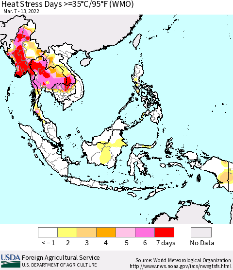 South East Asia Heat Stress Days >=35°C/95°F (WMO) Thematic Map For 3/7/2022 - 3/13/2022