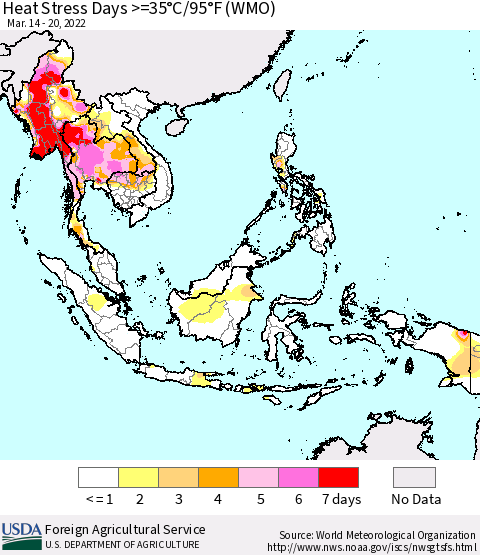 South East Asia Heat Stress Days >=35°C/95°F (WMO) Thematic Map For 3/14/2022 - 3/20/2022