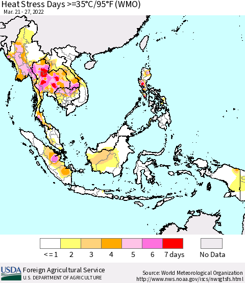 South East Asia Heat Stress Days >=35°C/95°F (WMO) Thematic Map For 3/21/2022 - 3/27/2022