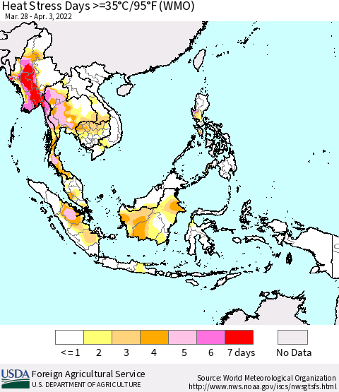 South East Asia Heat Stress Days >=35°C/95°F (WMO) Thematic Map For 3/28/2022 - 4/3/2022