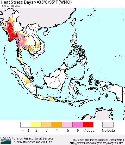 South East Asia Heat Stress Days >=35°C/95°F (WMO) Thematic Map For 4/4/2022 - 4/10/2022