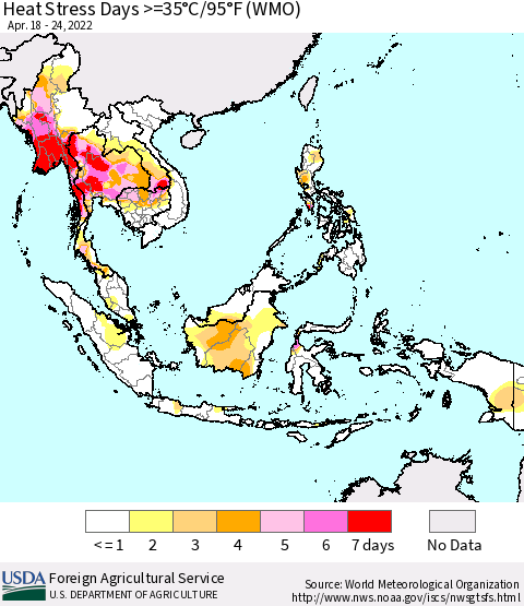 South East Asia Heat Stress Days >=35°C/95°F (WMO) Thematic Map For 4/18/2022 - 4/24/2022