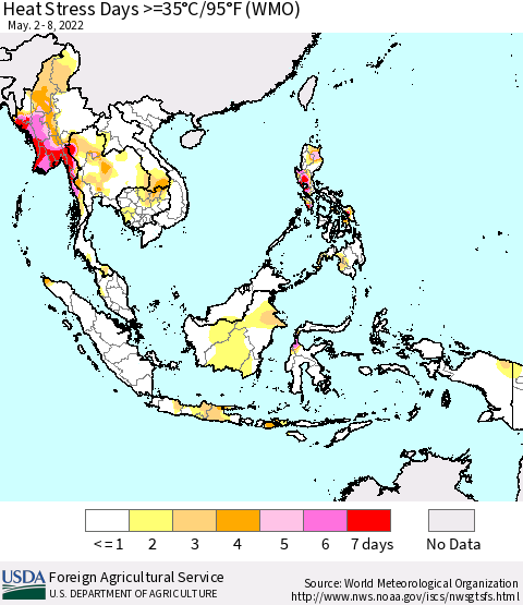 South East Asia Heat Stress Days >=35°C/95°F (WMO) Thematic Map For 5/2/2022 - 5/8/2022