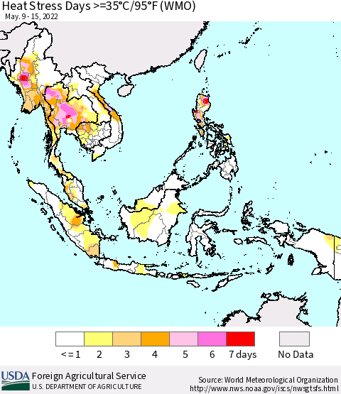 South East Asia Heat Stress Days >=35°C/95°F (WMO) Thematic Map For 5/9/2022 - 5/15/2022