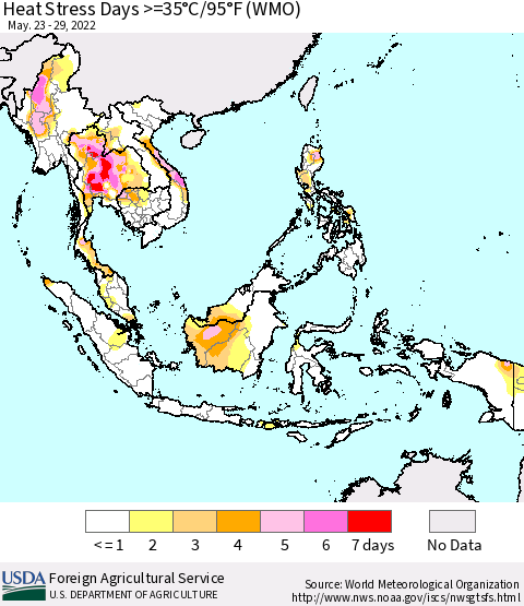 South East Asia Heat Stress Days >=35°C/95°F (WMO) Thematic Map For 5/23/2022 - 5/29/2022