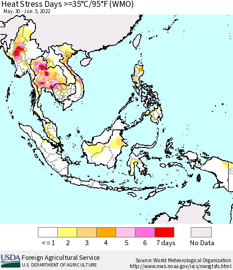 South East Asia Heat Stress Days >=35°C/95°F (WMO) Thematic Map For 5/30/2022 - 6/5/2022