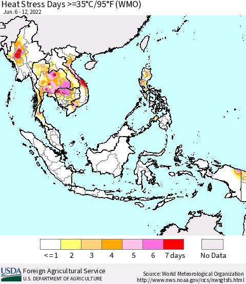 South East Asia Heat Stress Days >=35°C/95°F (WMO) Thematic Map For 6/6/2022 - 6/12/2022