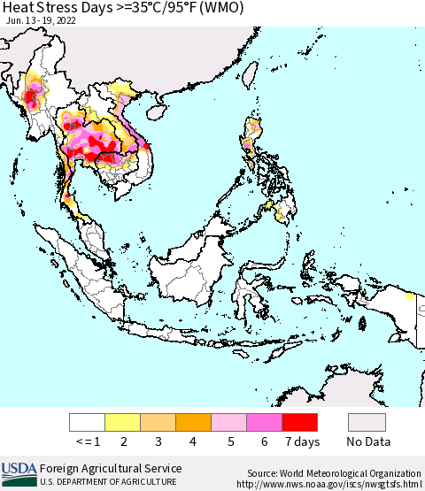South East Asia Heat Stress Days >=35°C/95°F (WMO) Thematic Map For 6/13/2022 - 6/19/2022