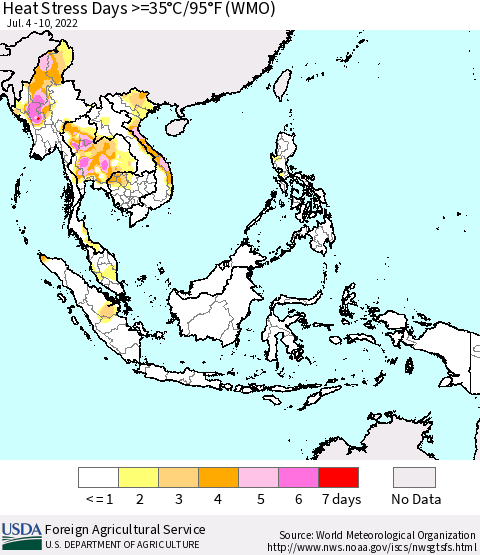 South East Asia Heat Stress Days >=35°C/95°F (WMO) Thematic Map For 7/4/2022 - 7/10/2022