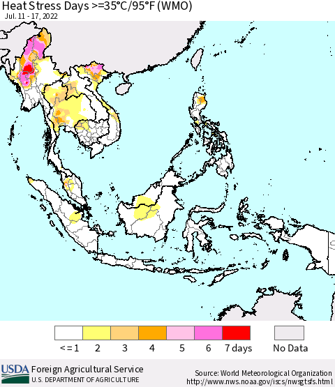 South East Asia Heat Stress Days >=35°C/95°F (WMO) Thematic Map For 7/11/2022 - 7/17/2022
