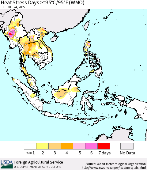 South East Asia Heat Stress Days >=35°C/95°F (WMO) Thematic Map For 7/18/2022 - 7/24/2022