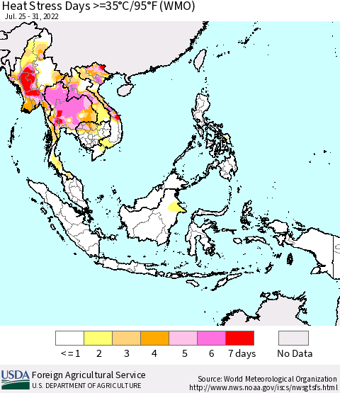 South East Asia Heat Stress Days >=35°C/95°F (WMO) Thematic Map For 7/25/2022 - 7/31/2022