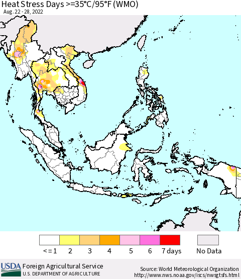 South East Asia Heat Stress Days >=35°C/95°F (WMO) Thematic Map For 8/22/2022 - 8/28/2022
