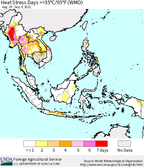 South East Asia Heat Stress Days >=35°C/95°F (WMO) Thematic Map For 8/29/2022 - 9/4/2022