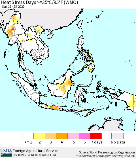 South East Asia Heat Stress Days >=35°C/95°F (WMO) Thematic Map For 9/19/2022 - 9/25/2022
