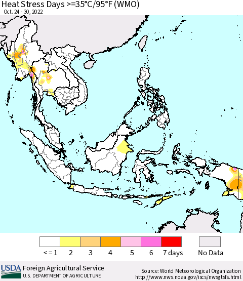 South East Asia Heat Stress Days >=35°C/95°F (WMO) Thematic Map For 10/24/2022 - 10/30/2022