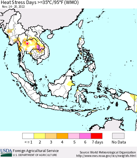 South East Asia Heat Stress Days >=35°C/95°F (WMO) Thematic Map For 11/14/2022 - 11/20/2022