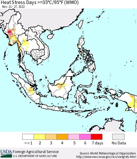 South East Asia Heat Stress Days >=35°C/95°F (WMO) Thematic Map For 11/21/2022 - 11/27/2022