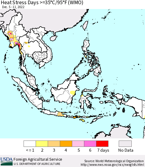 South East Asia Heat Stress Days >=35°C/95°F (WMO) Thematic Map For 12/5/2022 - 12/11/2022