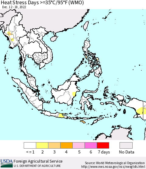 South East Asia Heat Stress Days >=35°C/95°F (WMO) Thematic Map For 12/12/2022 - 12/18/2022