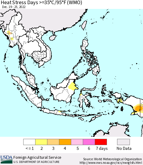 South East Asia Heat Stress Days >=35°C/95°F (WMO) Thematic Map For 12/19/2022 - 12/25/2022