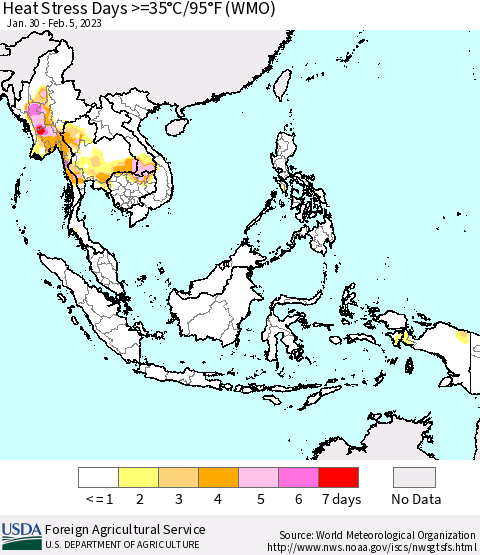 South East Asia Heat Stress Days >=35°C/95°F (WMO) Thematic Map For 1/30/2023 - 2/5/2023
