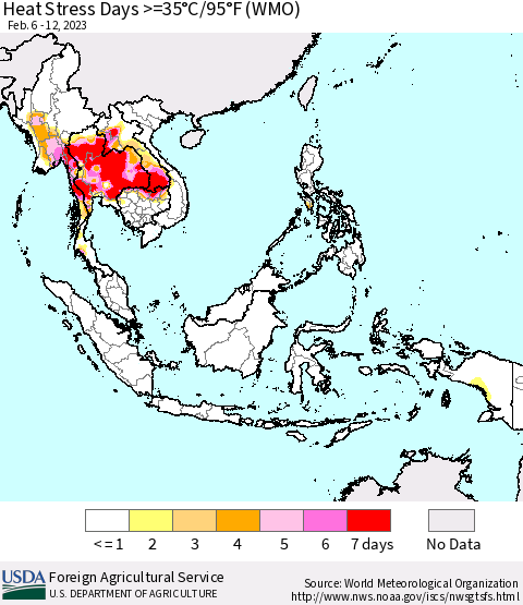 South East Asia Heat Stress Days >=35°C/95°F (WMO) Thematic Map For 2/6/2023 - 2/12/2023