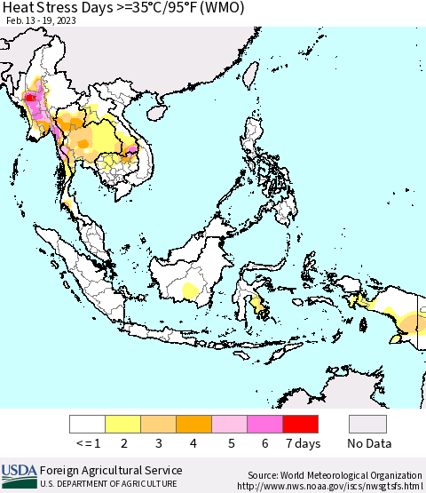 South East Asia Heat Stress Days >=35°C/95°F (WMO) Thematic Map For 2/13/2023 - 2/19/2023