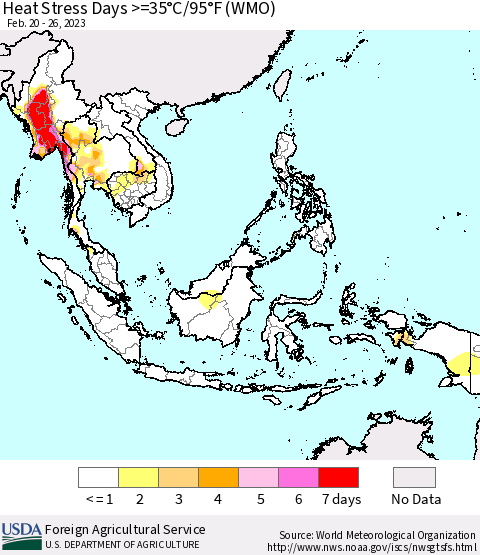 South East Asia Heat Stress Days >=35°C/95°F (WMO) Thematic Map For 2/20/2023 - 2/26/2023