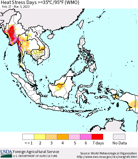 South East Asia Heat Stress Days >=35°C/95°F (WMO) Thematic Map For 2/27/2023 - 3/5/2023
