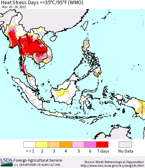 South East Asia Heat Stress Days >=35°C/95°F (WMO) Thematic Map For 3/20/2023 - 3/26/2023