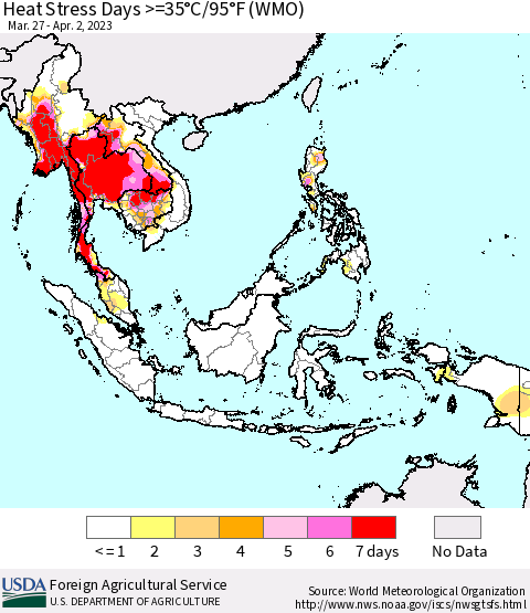 South East Asia Heat Stress Days >=35°C/95°F (WMO) Thematic Map For 3/27/2023 - 4/2/2023
