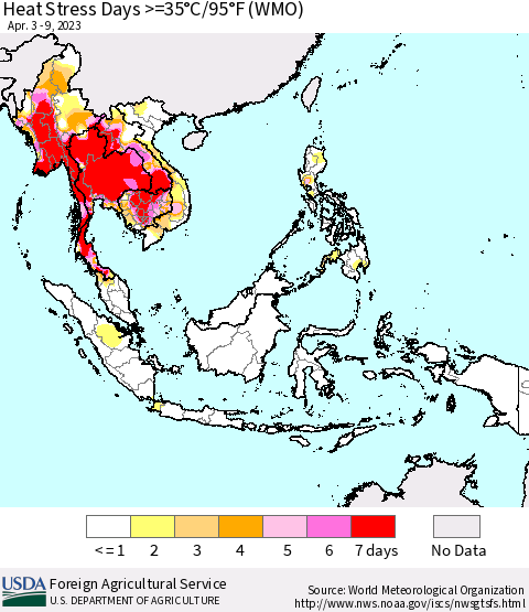 South East Asia Heat Stress Days >=35°C/95°F (WMO) Thematic Map For 4/3/2023 - 4/9/2023