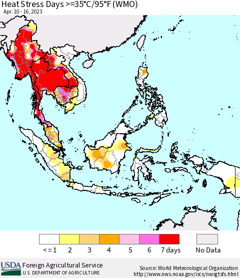South East Asia Heat Stress Days >=35°C/95°F (WMO) Thematic Map For 4/10/2023 - 4/16/2023