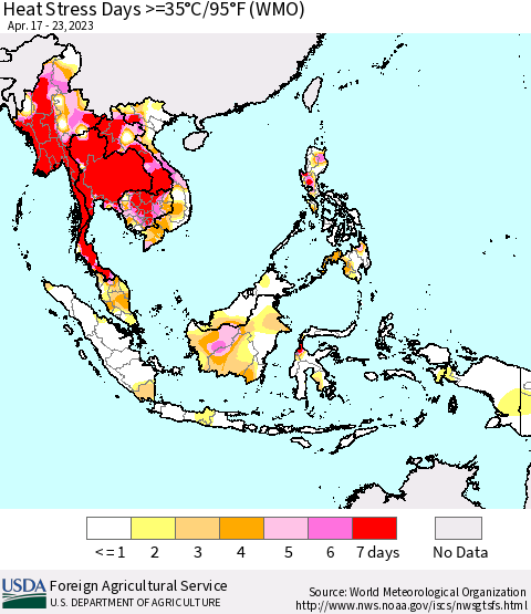 South East Asia Heat Stress Days >=35°C/95°F (WMO) Thematic Map For 4/17/2023 - 4/23/2023
