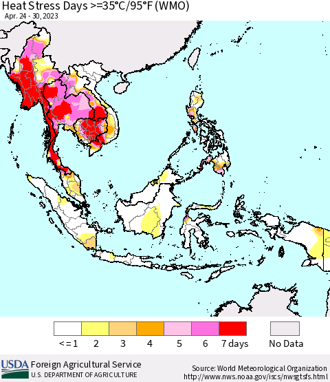 South East Asia Heat Stress Days >=35°C/95°F (WMO) Thematic Map For 4/24/2023 - 4/30/2023