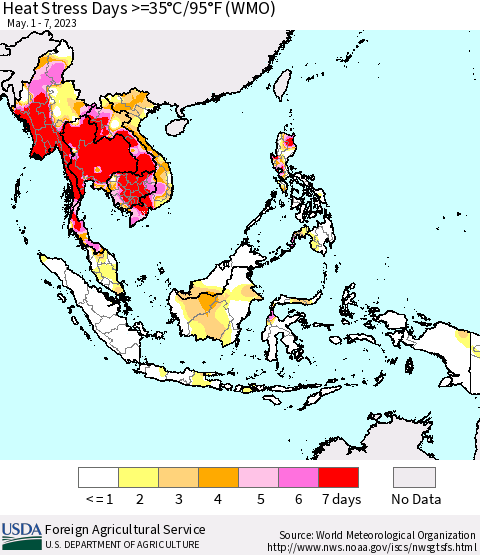 South East Asia Heat Stress Days >=35°C/95°F (WMO) Thematic Map For 5/1/2023 - 5/7/2023