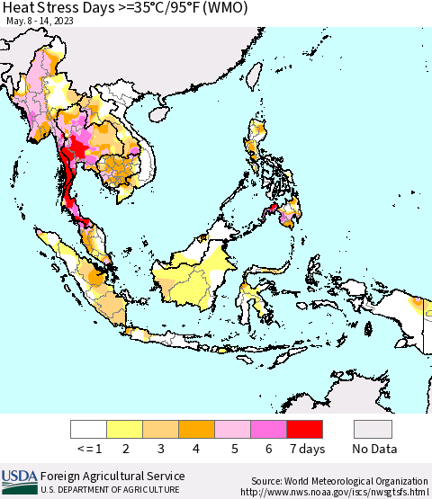 South East Asia Heat Stress Days >=35°C/95°F (WMO) Thematic Map For 5/8/2023 - 5/14/2023