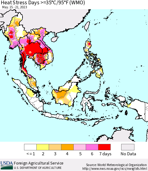 South East Asia Heat Stress Days >=35°C/95°F (WMO) Thematic Map For 5/15/2023 - 5/21/2023