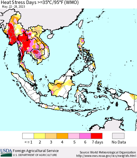 South East Asia Heat Stress Days >=35°C/95°F (WMO) Thematic Map For 5/22/2023 - 5/28/2023