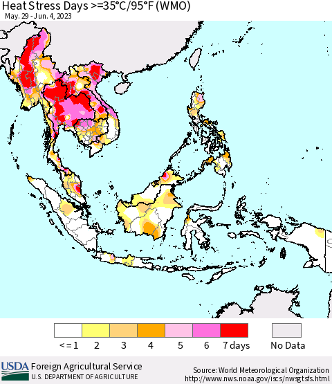 South East Asia Heat Stress Days >=35°C/95°F (WMO) Thematic Map For 5/29/2023 - 6/4/2023
