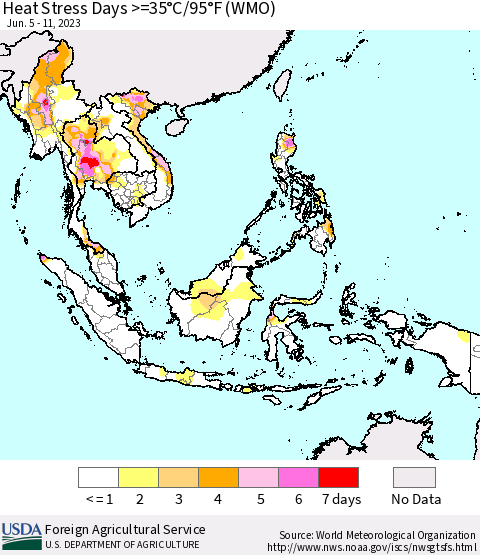 South East Asia Heat Stress Days >=35°C/95°F (WMO) Thematic Map For 6/5/2023 - 6/11/2023