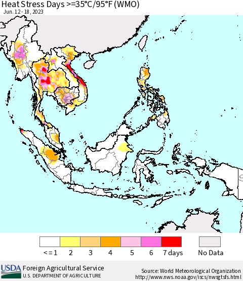 South East Asia Heat Stress Days >=35°C/95°F (WMO) Thematic Map For 6/12/2023 - 6/18/2023