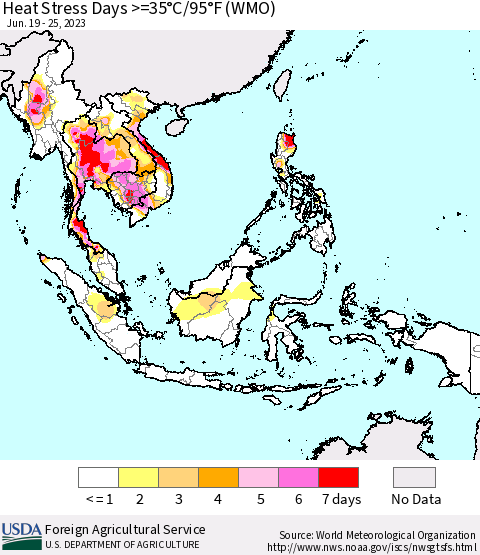 South East Asia Heat Stress Days >=35°C/95°F (WMO) Thematic Map For 6/19/2023 - 6/25/2023