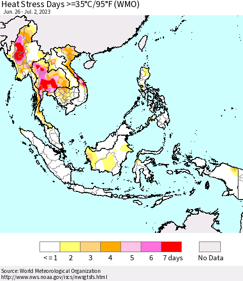 South East Asia Heat Stress Days >=35°C/95°F (WMO) Thematic Map For 6/26/2023 - 7/2/2023