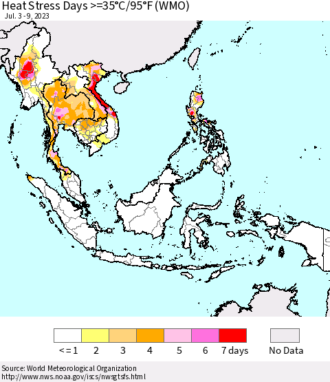 South East Asia Heat Stress Days >=35°C/95°F (WMO) Thematic Map For 7/3/2023 - 7/9/2023